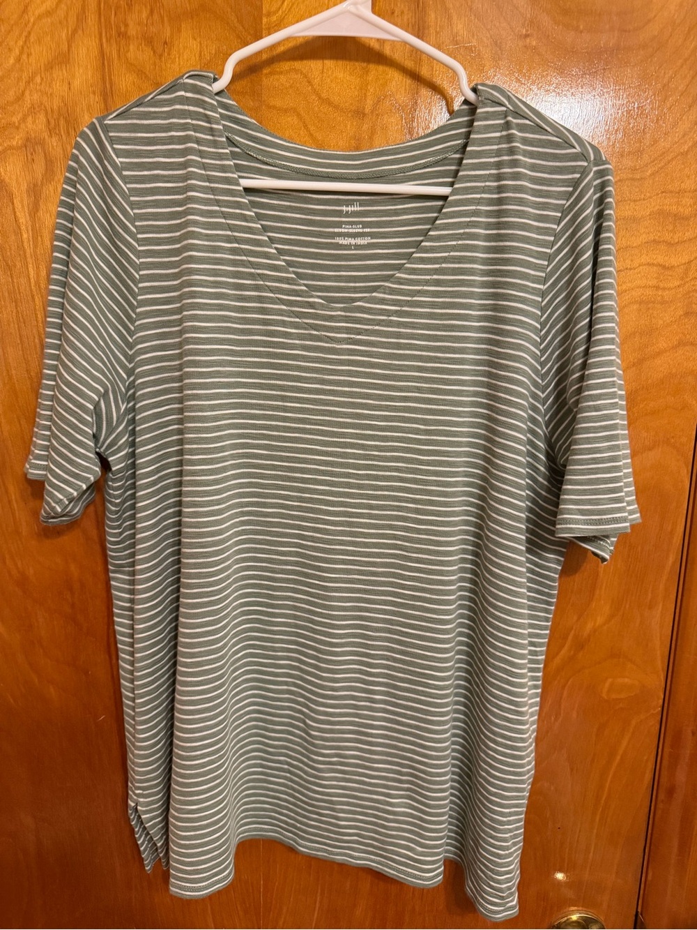 J. Jill Women's Green/White Pima Cotton Knit Striped V-Neck Tee Slit L